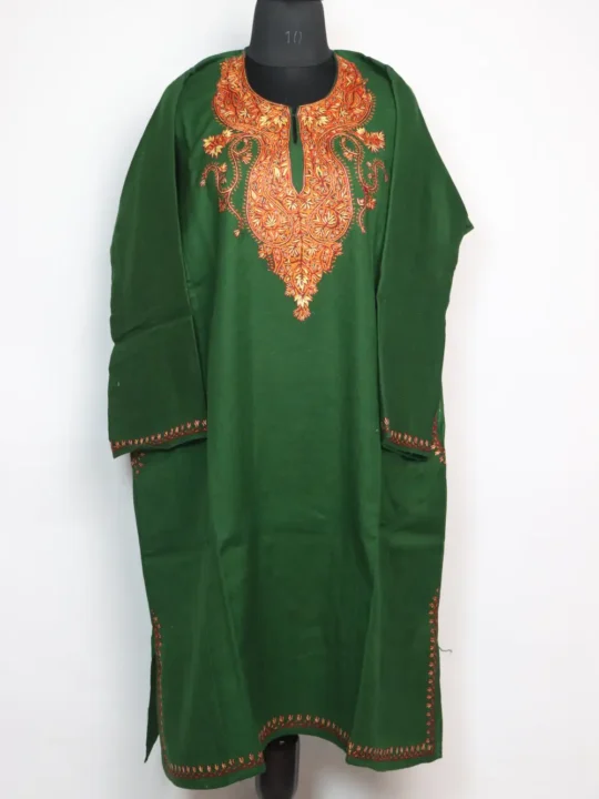 Raffal Wool Loose Green Pheran with Budgam Hand Sozni Work