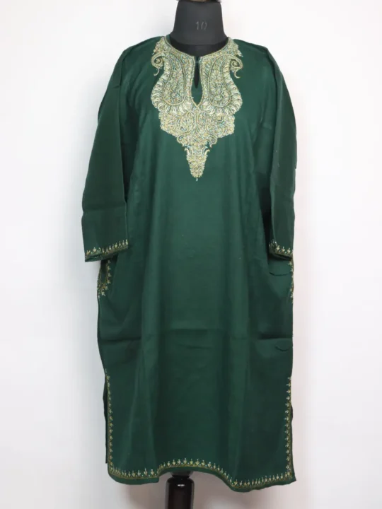 Green Raffal Wool Loose Green Budgam Pheran with Hand Sozni Work