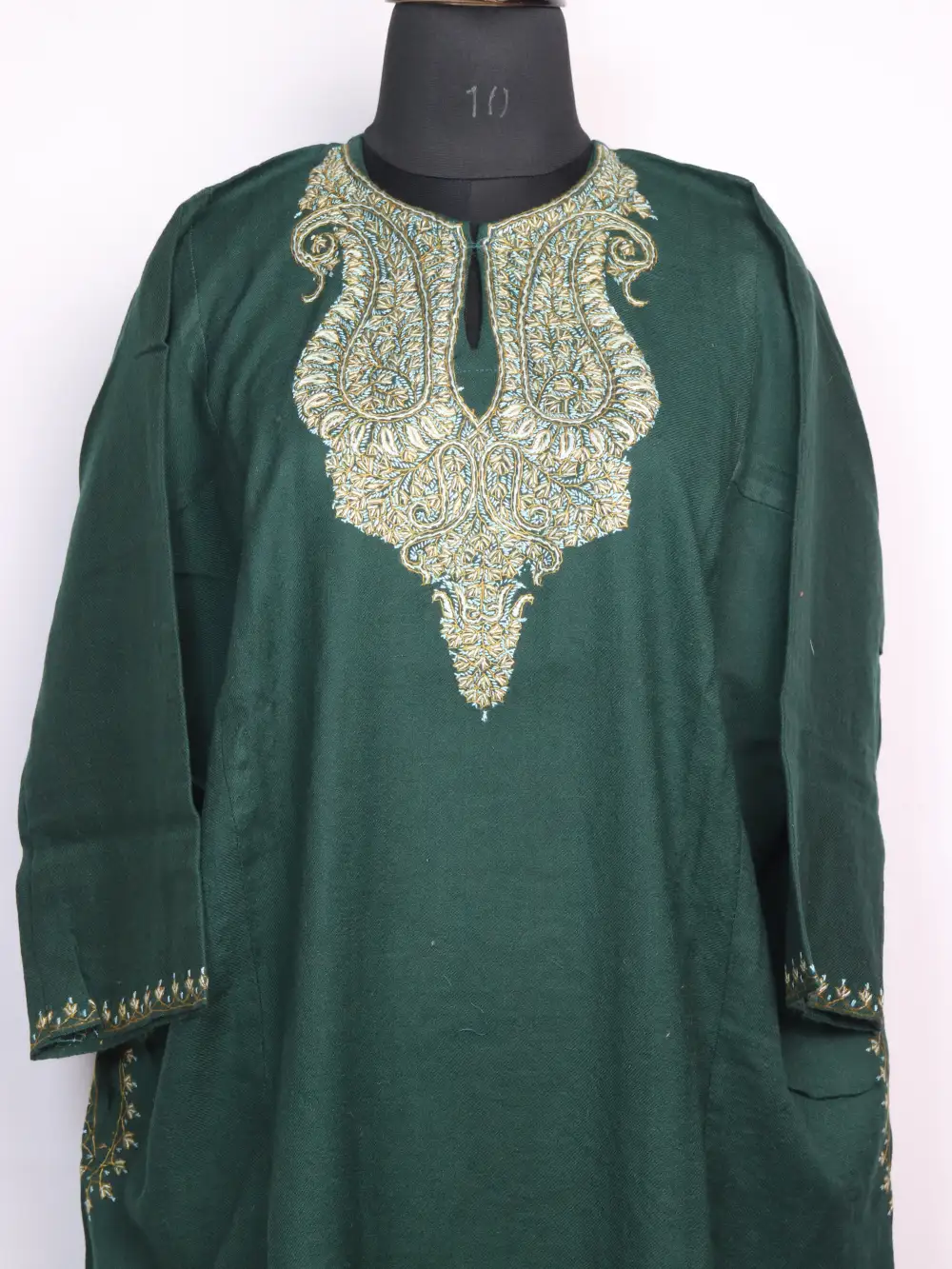 Green Raffal Wool Loose Budgam Pheran with Hand Sozni Work - Image 2