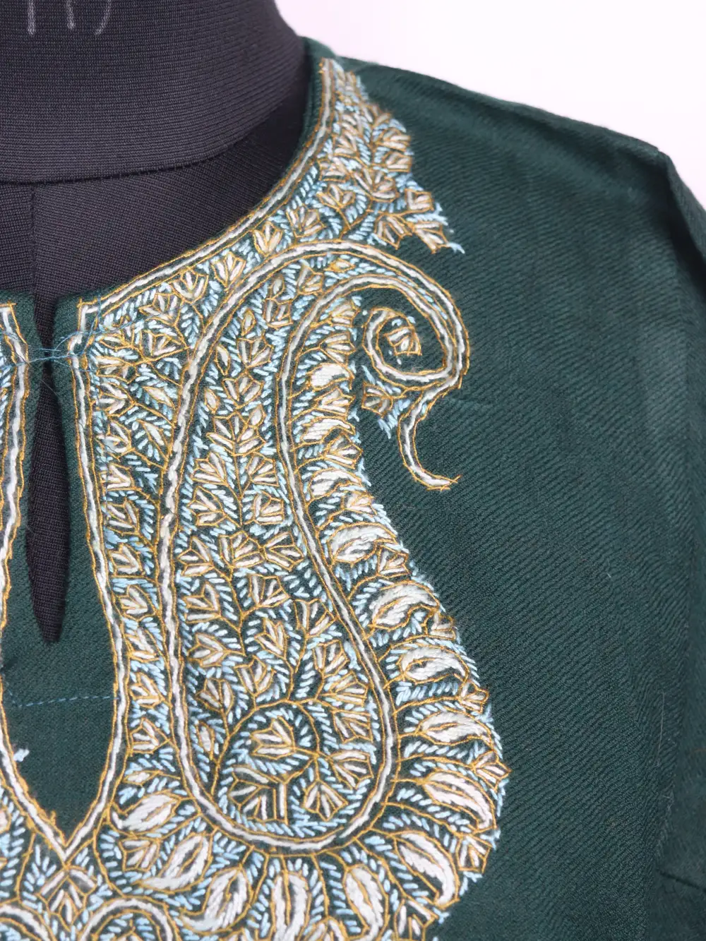 Green Raffal Wool Loose Budgam Pheran with Hand Sozni Work - Image 3