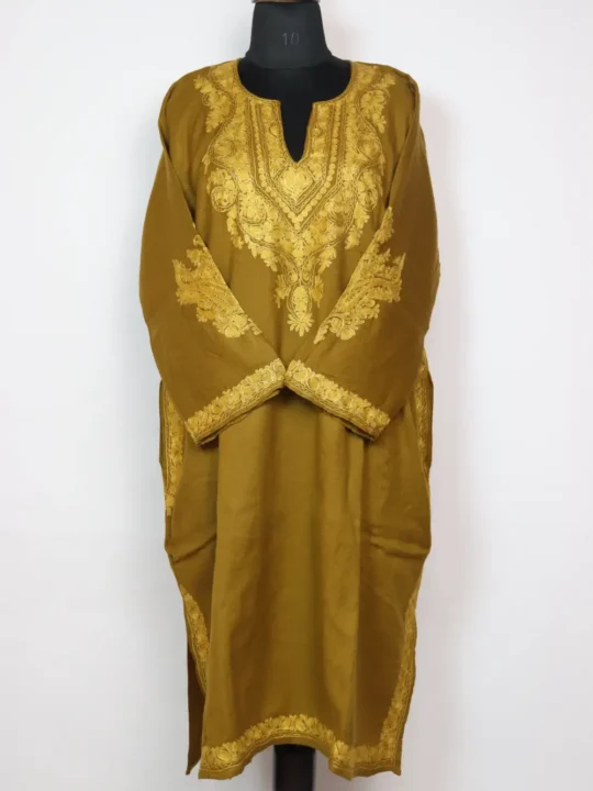 Gulrukh Raffal Wool Mehndi Green Pheran with Zari Aari Work