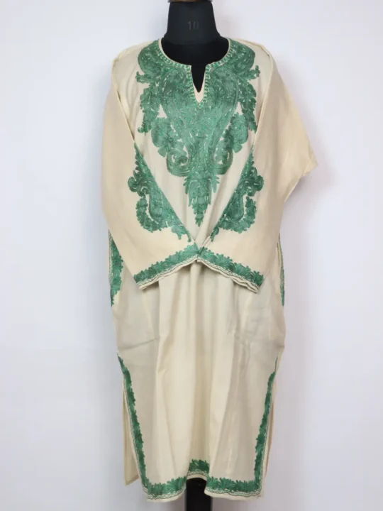 Raffal Wool Binish Pheran in Cream with Zari Aari Sleeve Work