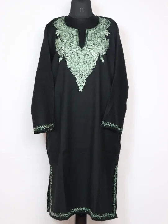 Kashmiri Raffal Wool Black Pheran with Hand Aari Work Shireen