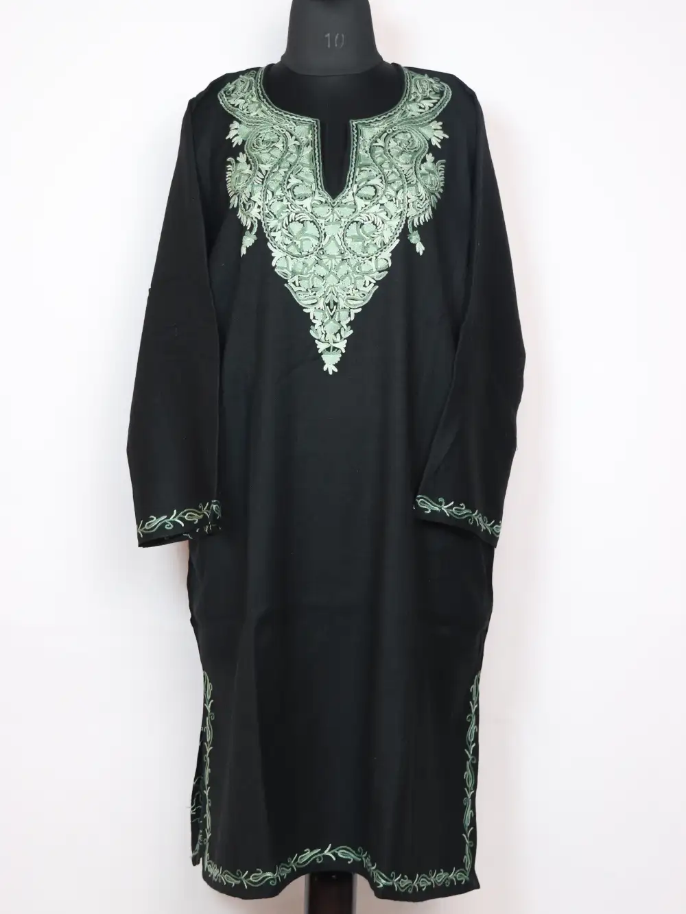 Kashmiri Raffal Wool Black Pheran with Hand Aari Work Shireen