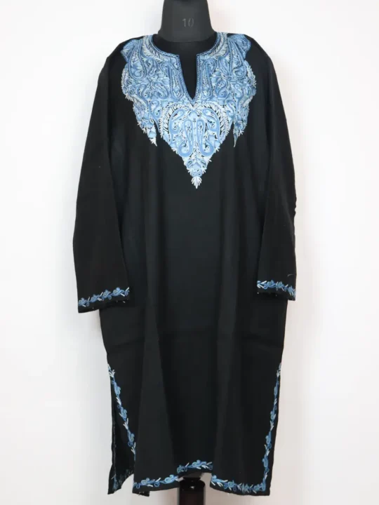Black Kashmiri Raffal Wool Pheran with Nuzra Hand Aari Work