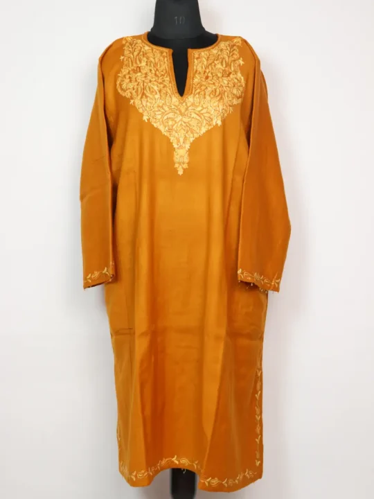 Kashmiri Light Brown Raffal Wool Pheran with Hand Aari Embroidery Sobia