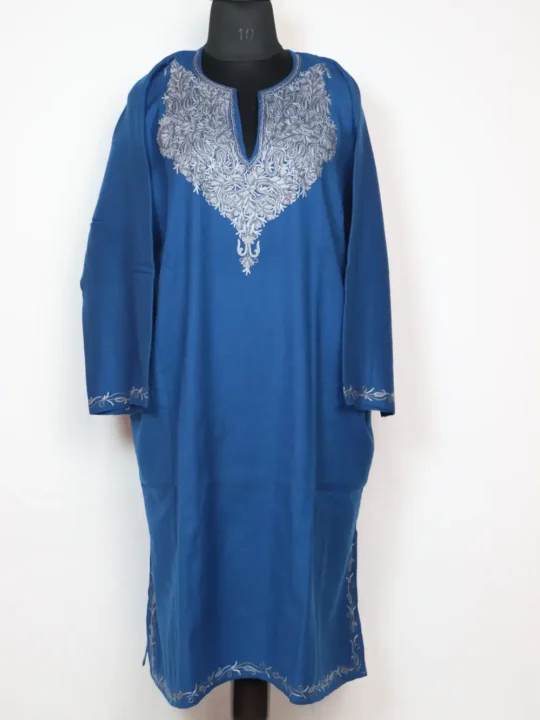 Kashmiri Blue Raffal Wool Pheran with Tahmina Hand Aari Work