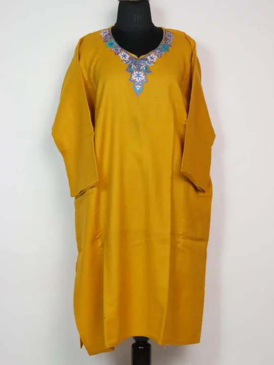 Raffal Wool Kashmiri Mustard Pheran with Sozni Work Ruhi