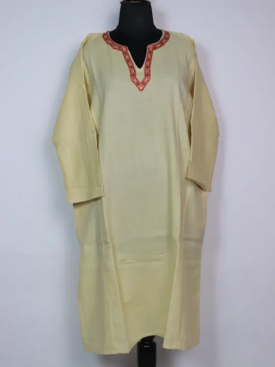 Loose Raffal Wool Kashmiri Faizah Cream Pheran with Sozni Work