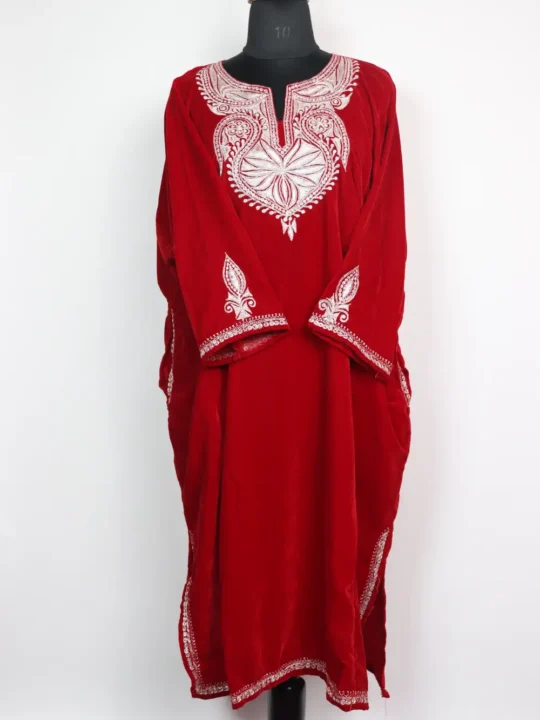 Red Velvet Rahat Pheran with Botte Tilla Embroidery