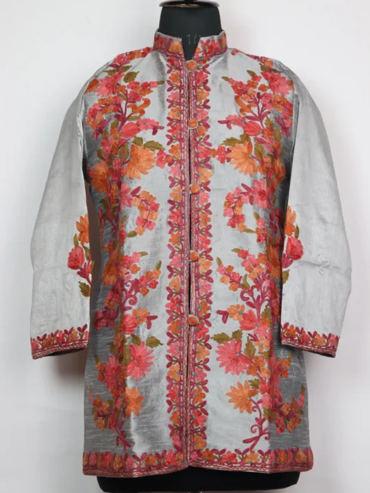 Grey Short Women Kashmiri Silk Coat/Jacket With Front Aari Embroidery