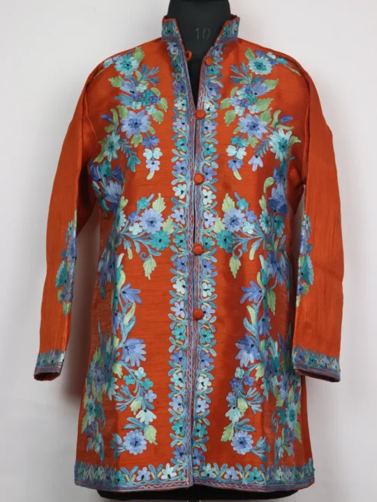 Grey Short Women Kashmiri Rust Coat With Front Aari Embroidery Nayab