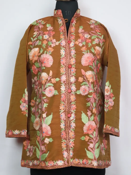 Rehanah Short Brown Women Kashmiri Coat With Front Aari Embroidery