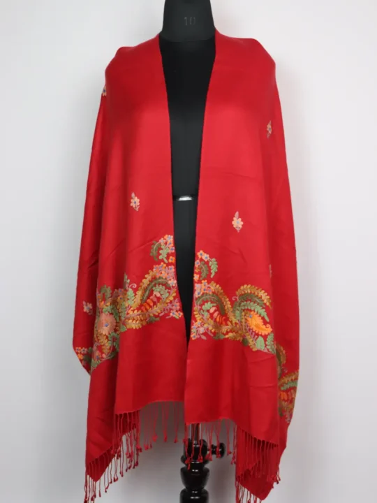 Red Silk Pashmina Zohra Stole With Aari Embroidery