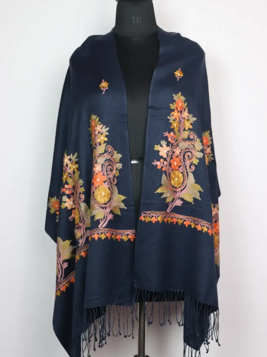 Malikah Silk Pashmina Dark Blue Stole With Aari Embroidery