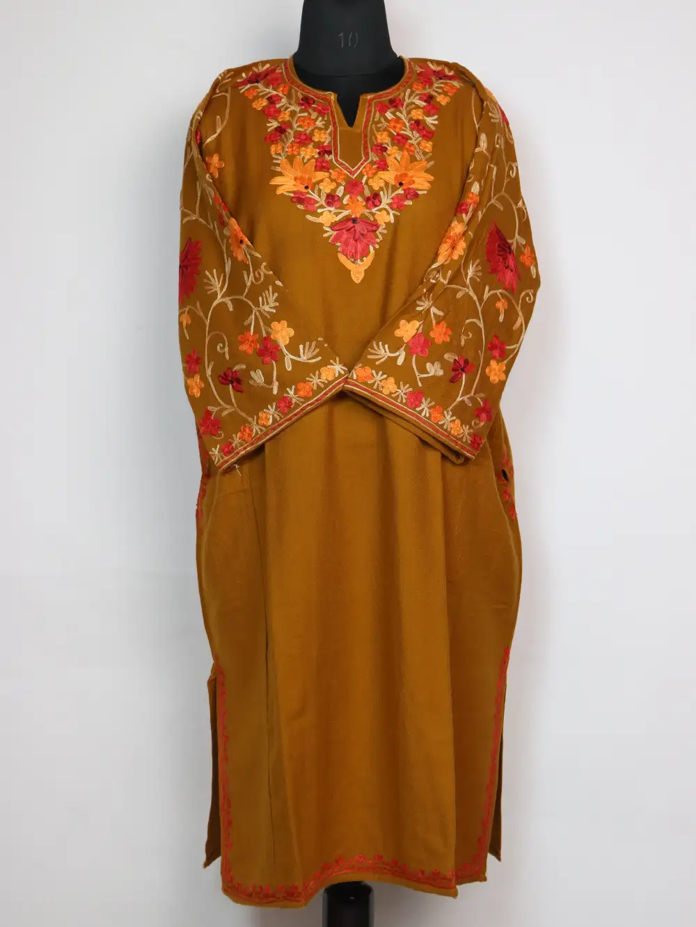 Shifa Kashmir Pheran Mustard Cashmilon Wool Sleeve Jaal Aari Embroidery