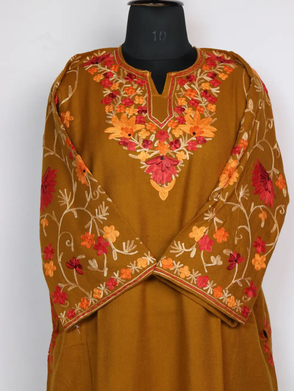 Shifa Kashmir Pheran Mustard Cashmilon Wool Sleeve Jaal Aari Embroidery - Image 2