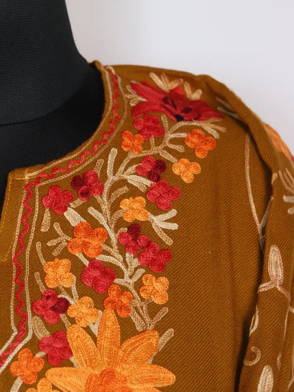 Shifa Kashmir Pheran Mustard Cashmilon Wool Sleeve Jaal Aari Embroidery - Image 3