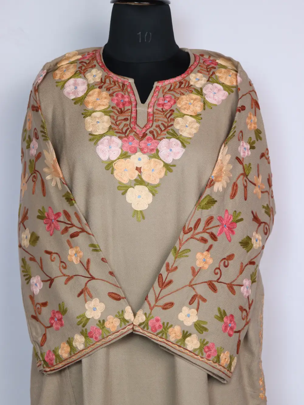 Kashmir Pheran Beige Cashmilon Wool Sleeve Jaal Aari Embroidery Shifa - Image 2