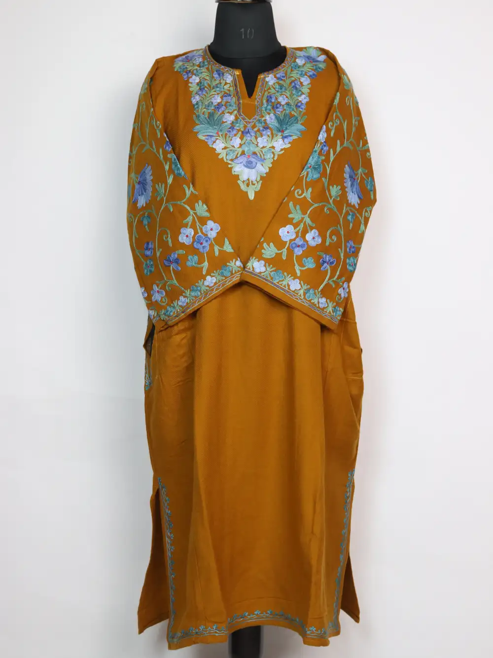 Kashmiri Shifa traditional Mustard dress Cashmilon Wool Sleeve Jaal Aari Work