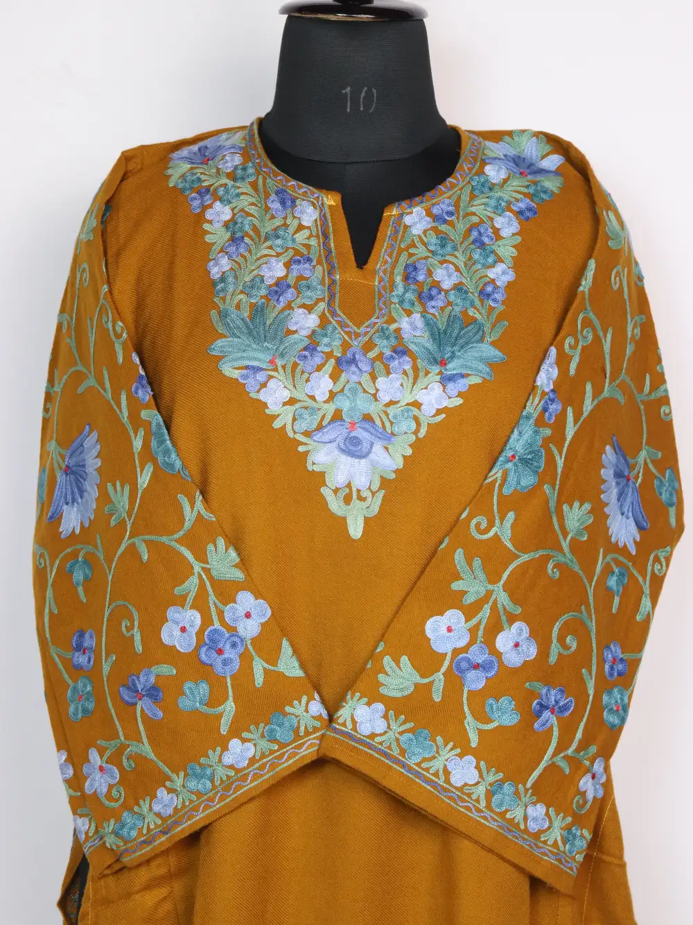 Kashmiri Shifa traditional Mustard dress Cashmilon Wool Sleeve Jaal Aari Work - Image 2