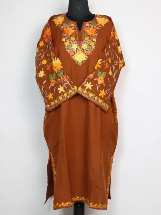 Brown Pheran Kashmiri Cashmilon Wool Shifa Sleeve Jaal Aari Work