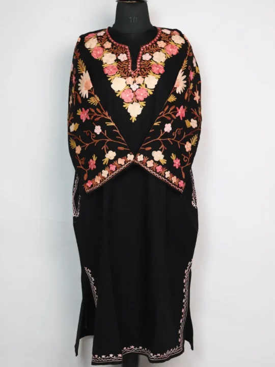 Shifa Black Pheran Kashmiri Cashmilon Wool Sleeve Jaal Aari Work