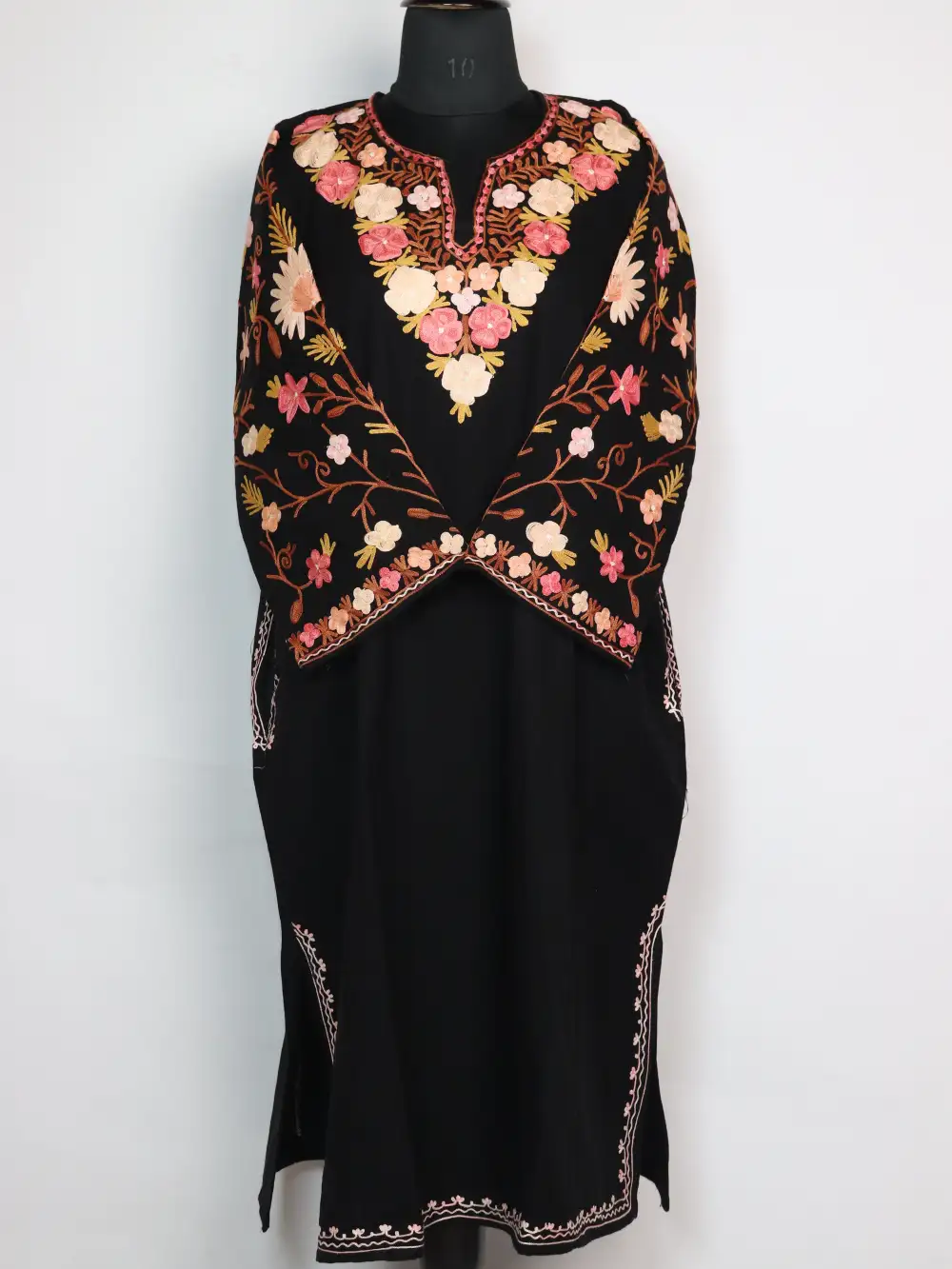 Shifa Black Pheran Kashmiri Cashmilon Wool Sleeve Jaal Aari Work