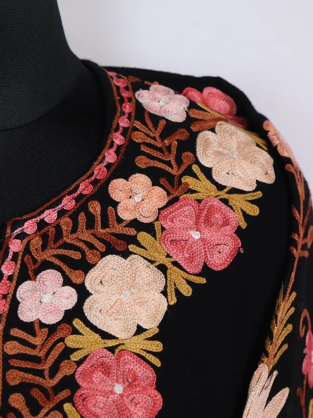 Shifa Black Pheran Kashmiri Cashmilon Wool Sleeve Jaal Aari Work - Image 3