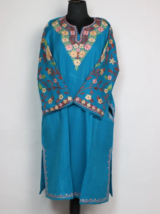 Sky Blue Raffal Wool Pheran with Sleeve Jaal Aari Work Nisha