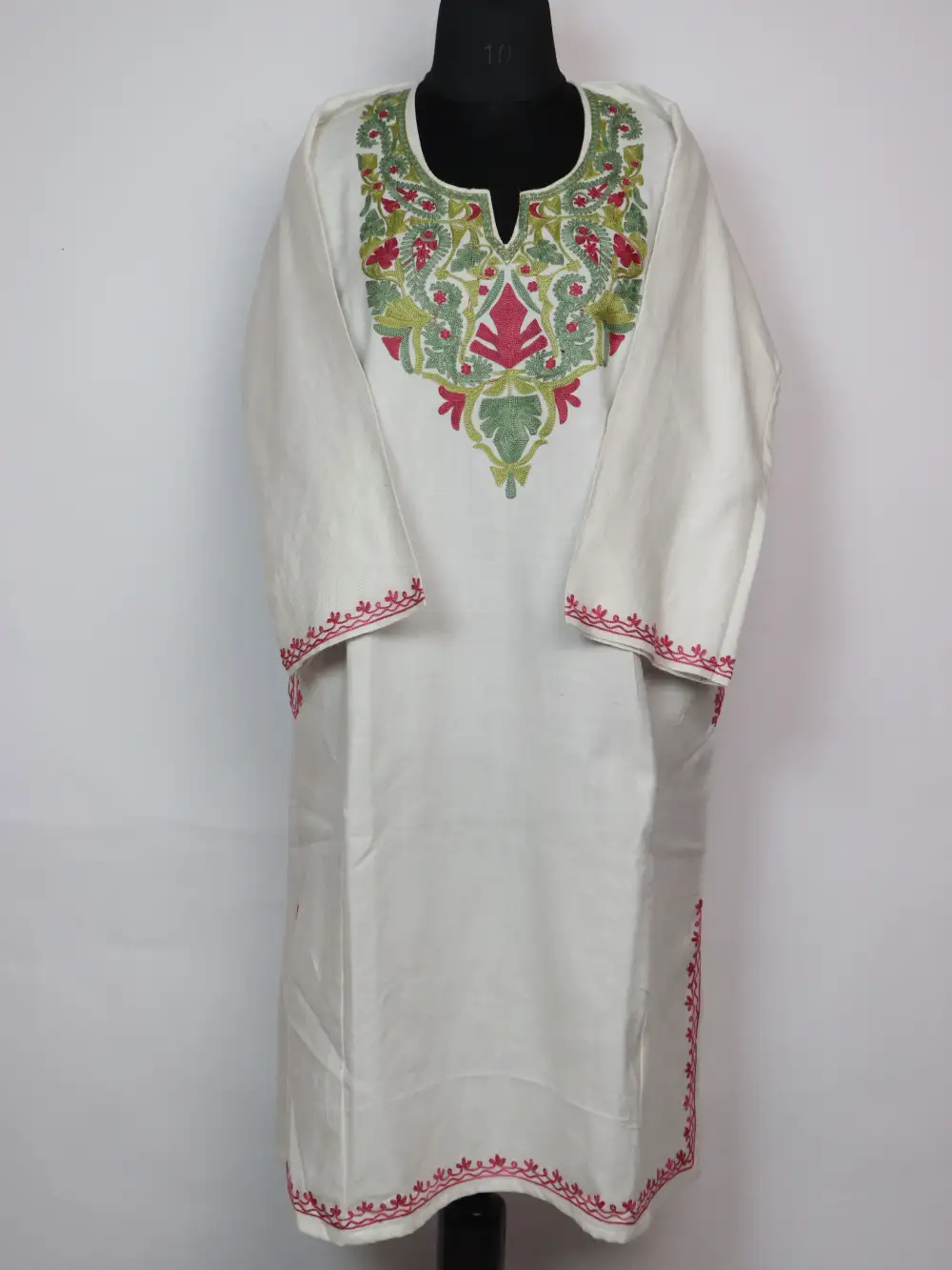 Huda Kashmir Pheran White Cashmilon Wool Aari Embroidery