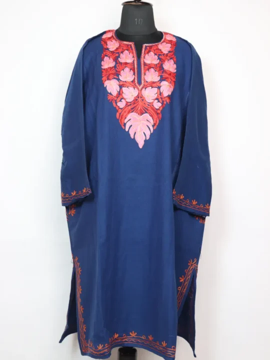 Royal Blue Aari Embroidered Javeria Pheran in Cashmilon Wool