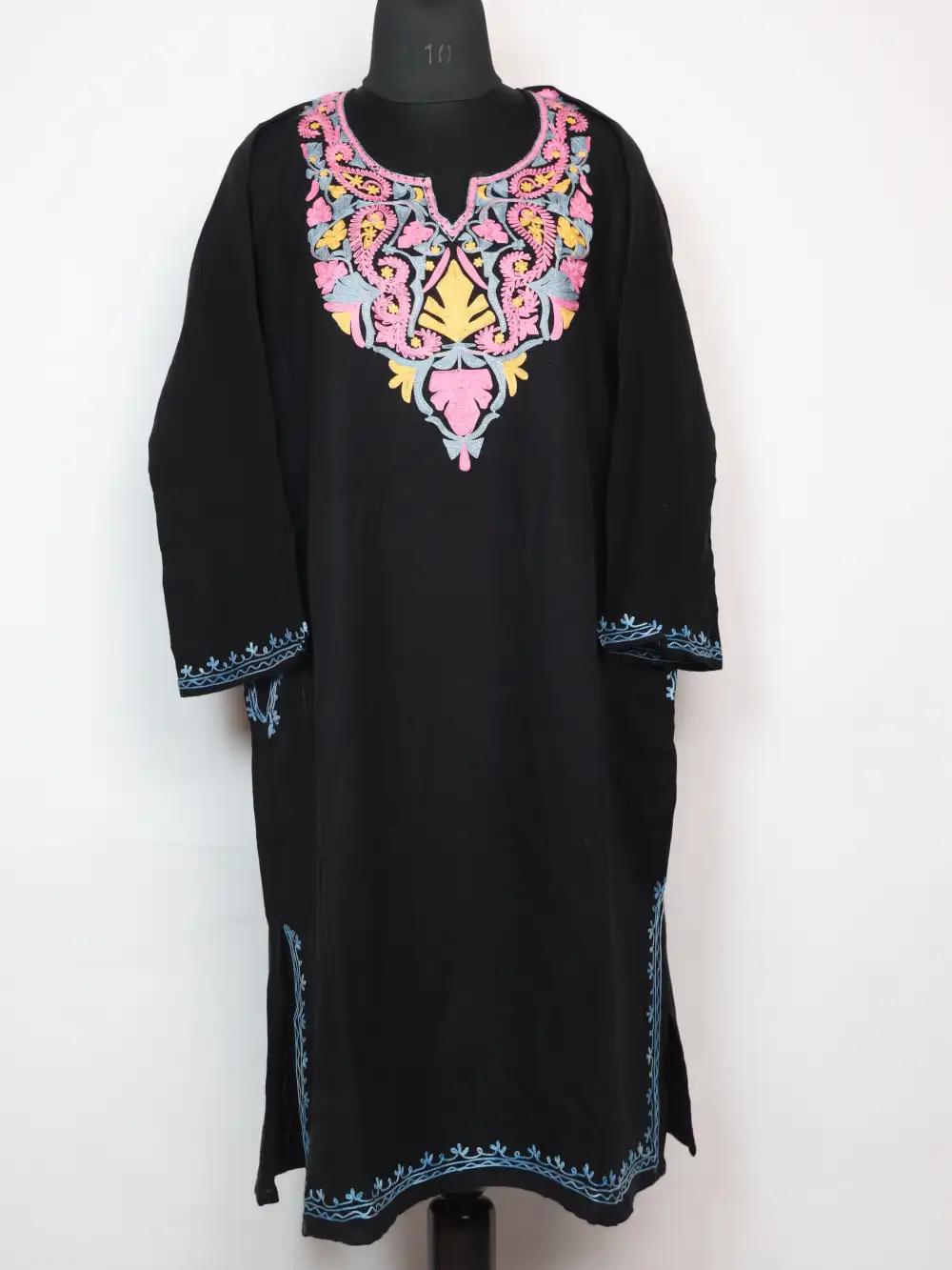 Safa Black Aari Embroidered Pheran in Cashmilon Wool