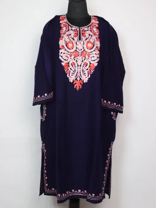 Gulrez Navy Blue Cashmilon Wool Pheran with Aari Embroidery