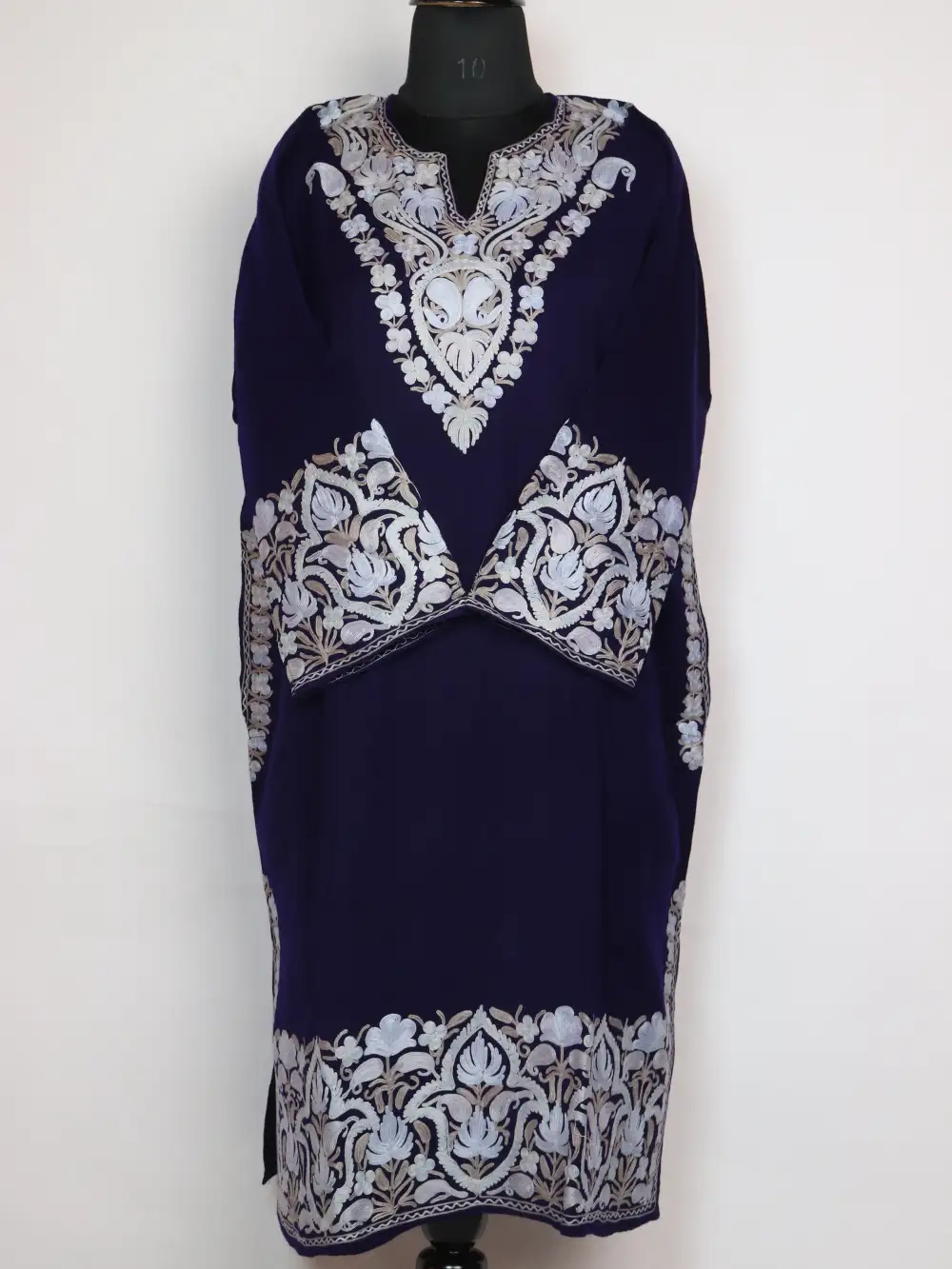 Navy Blue Raffal Wool Heavy Daman and Sleeve Aari Work Pheran Amara