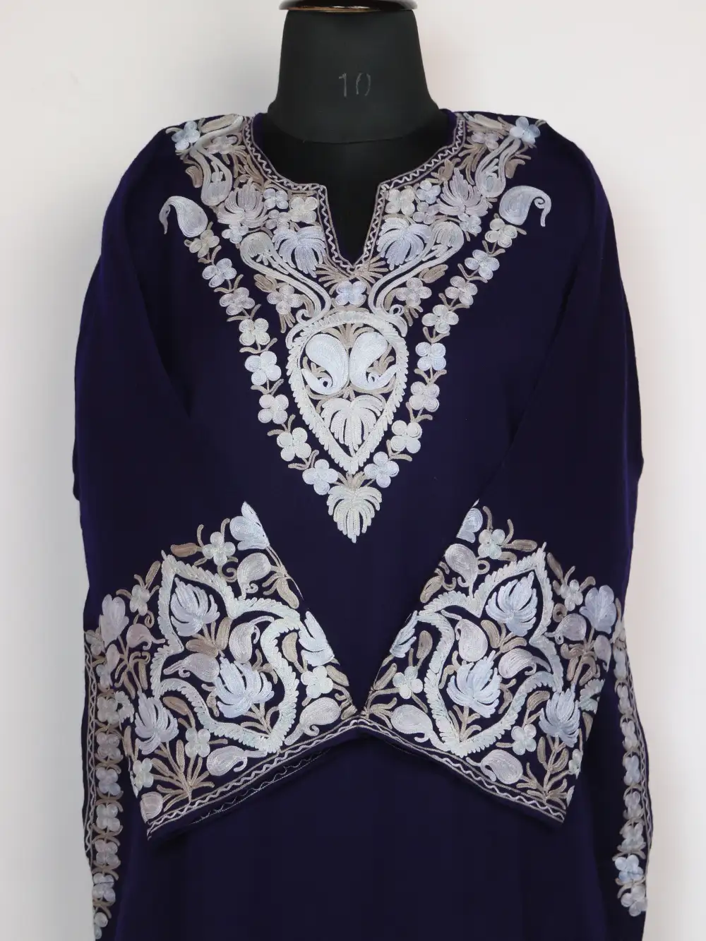 Navy Blue Raffal Wool Heavy Daman and Sleeve Aari Work Pheran Amara - Image 2