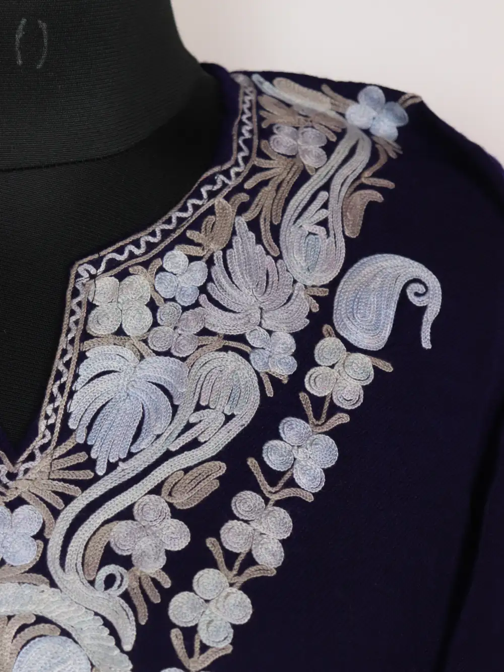 Navy Blue Raffal Wool Heavy Daman and Sleeve Aari Work Pheran Amara - Image 3