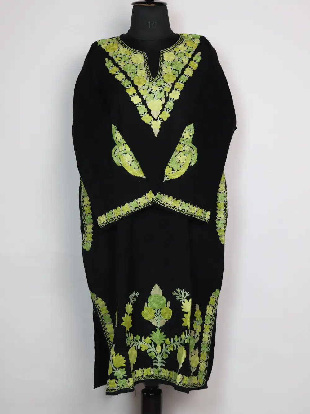 Amara kashmiri Raffal Wool Heavy Daman and Sleeve Aari Work Black Pheran