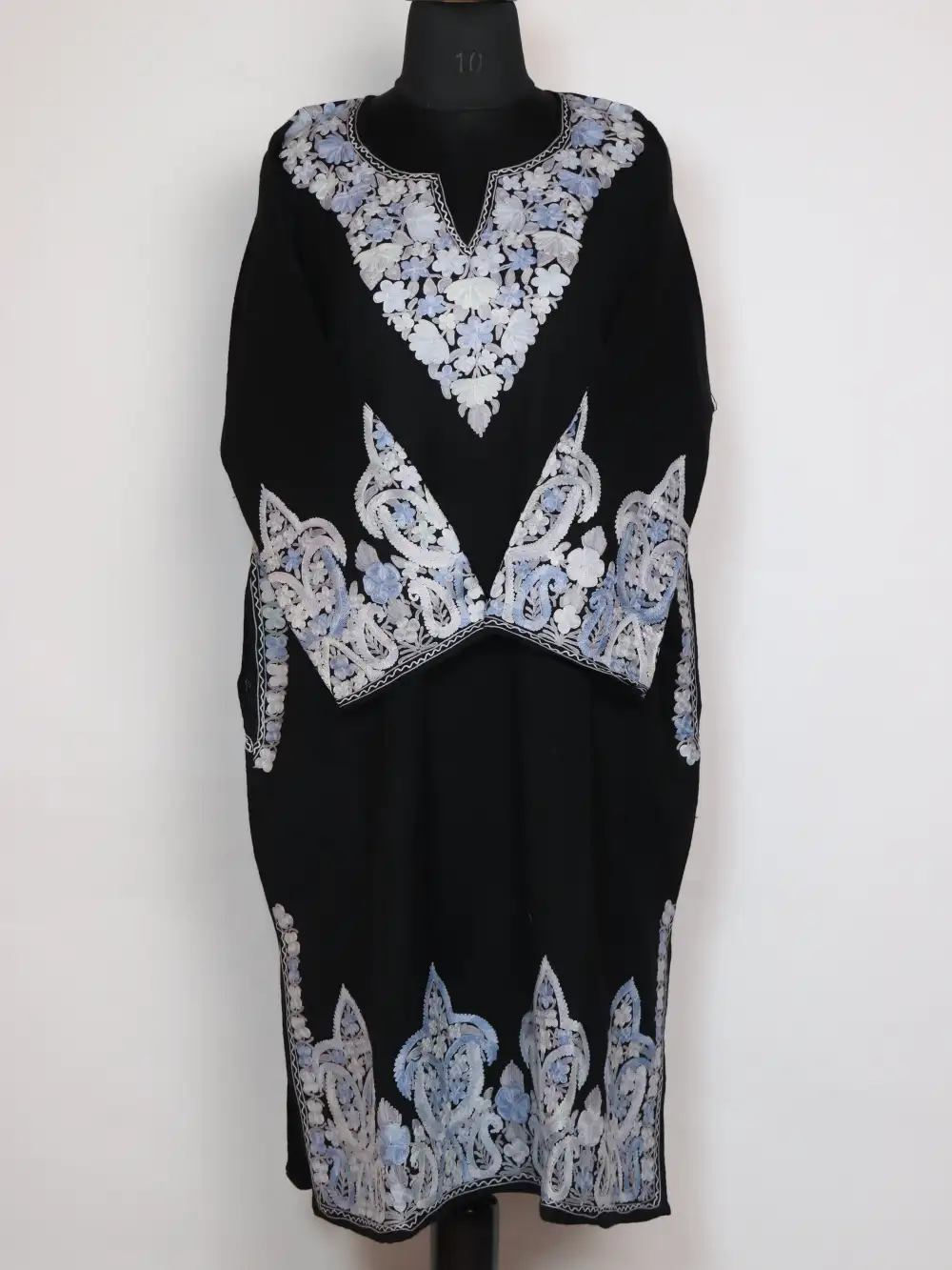 Black Heavy Daman and Sleeve Aari Embroidered Amara Pheran in Raffal Wool