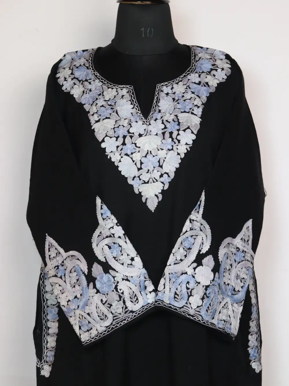 Black Heavy Daman and Sleeve Aari Embroidered Amara Pheran in Raffal Wool - Image 2