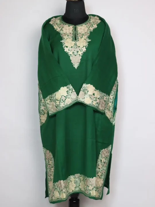 Amara Dark Green Heavy Daman and Sleeve Aari Embroidered Pheran in Raffal Wool