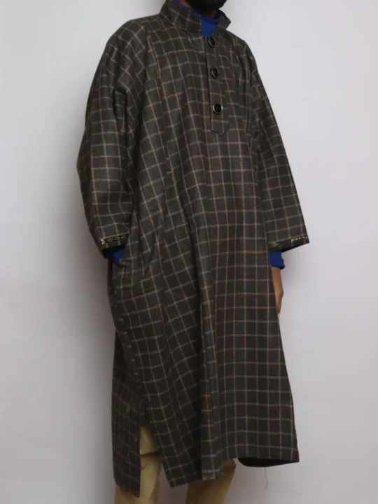 Brown Stylish Kashmiri Check Pheran Tweed Wool Sajjad