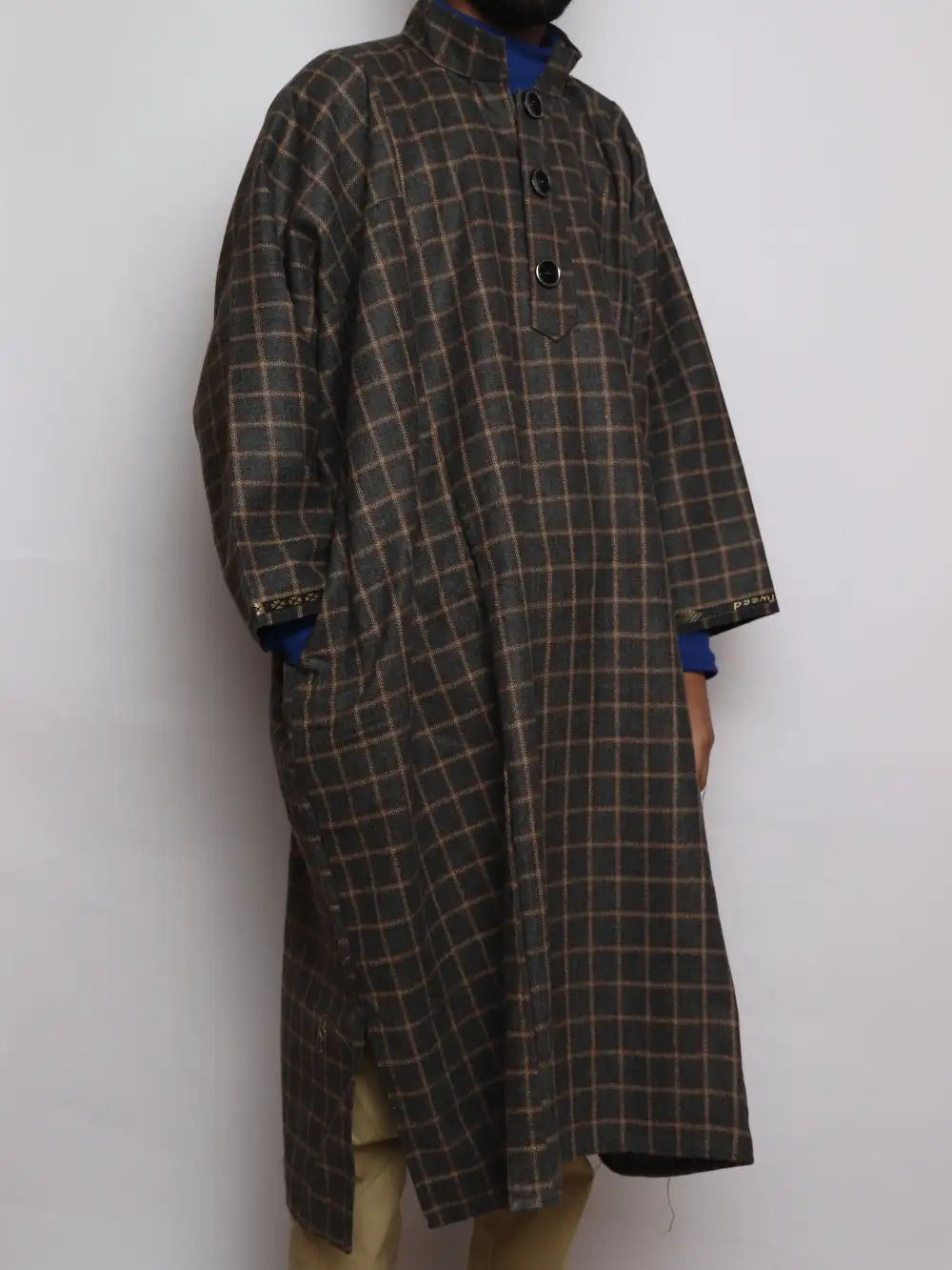 Brown Stylish Kashmiri Check Pheran Tweed Wool Sajjad