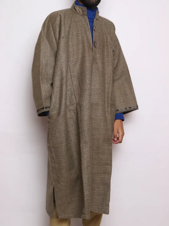 Asad Kashmiri Brown Lakeer Pheran in Tweed Wool