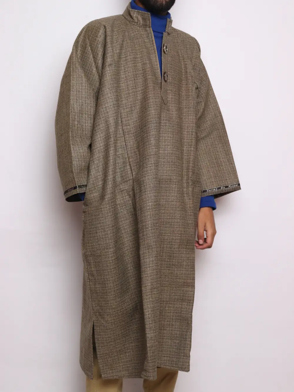 Asad Kashmiri Brown Lakeer Pheran in Tweed Wool