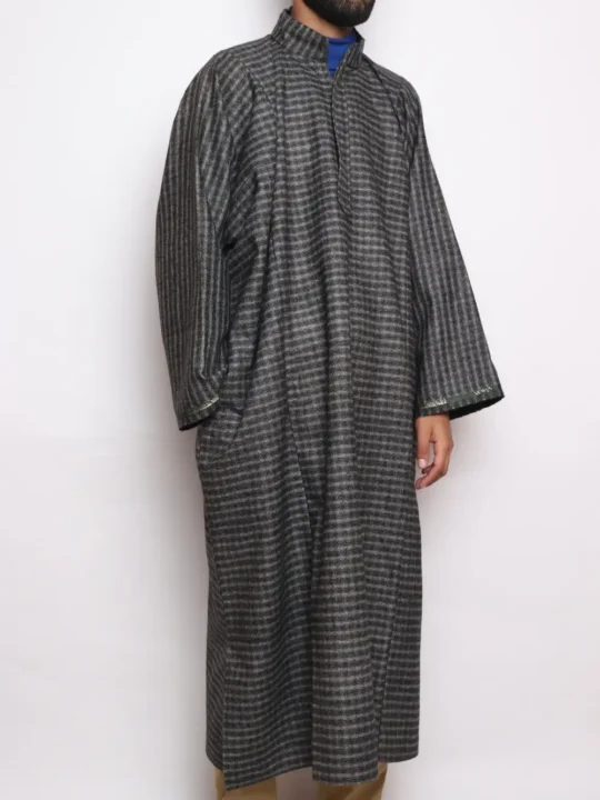 Kashmiri Zafren Dark Grey Lakeer Pheran in Tweed Wool