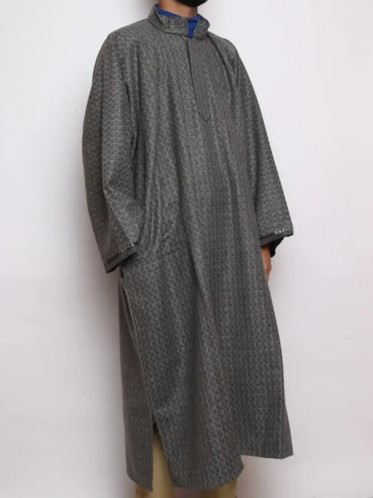 Naeem Grey Lakeer Kashmiri Pheran in Tweed Wool