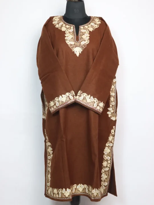 Kashmiri Brown Aari Work Jamila Pheran in Tweed