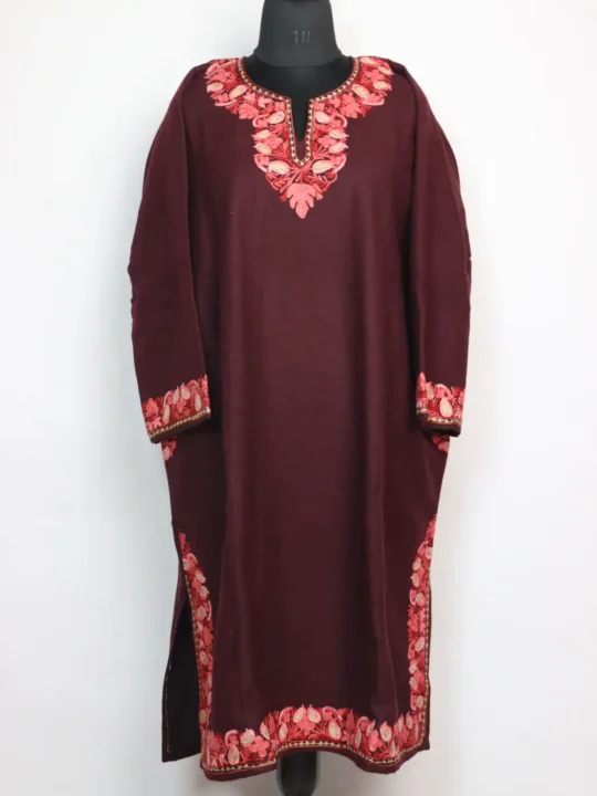 Wine Kashmiri Jamila Aari Work Pheran in Tweed