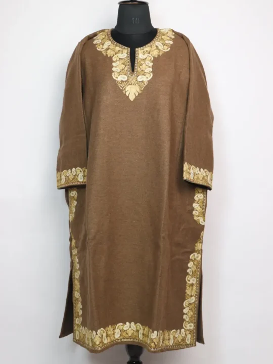 Jamila Aari Work Light Brown Kashmiri Loose Pheran in Tweed